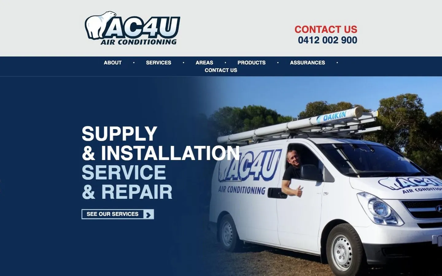 The AC4U Air Conditioning homepage, with the branded work van photographed across the full width of the screen