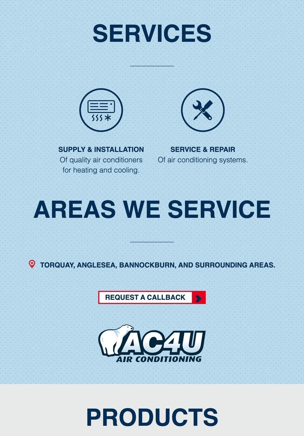 The AC4U services and areas sections on an iPad, listing supply and installation, service and repair, and the suburbs covered