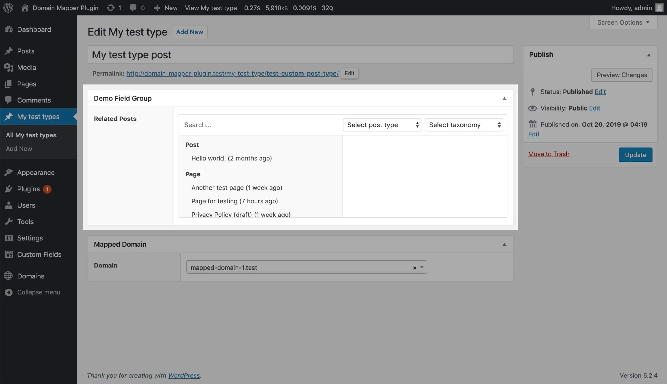 An ACF relationship field with the age of each post against the titles.