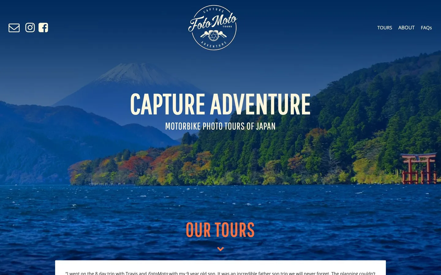 The FotoMoto Tours homepage, with Mount Fuji behind a lake and the headline Capture Adventure