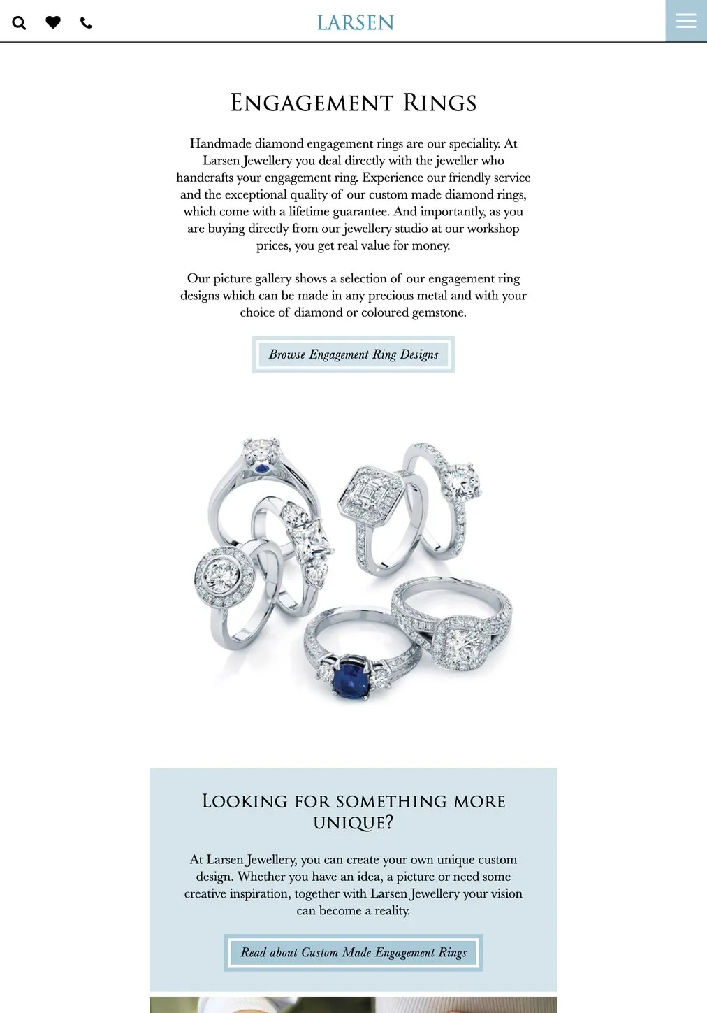The Larsen Jewellery engagement ring page on an iPad, with a cluster of custom made rings