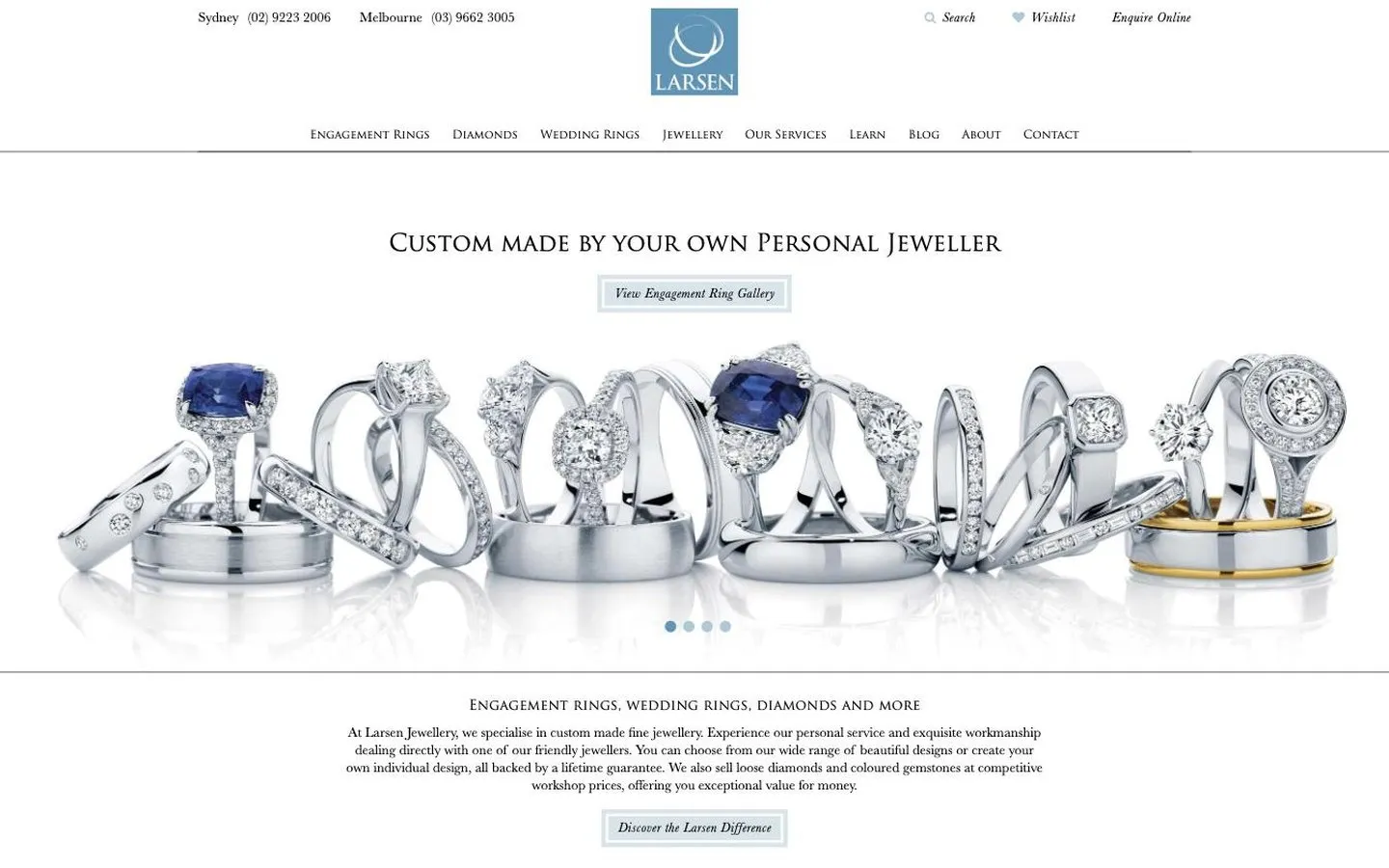 The Larsen Jewellery homepage, with engagement and wedding rings above the line Custom made by your own Personal Jeweller