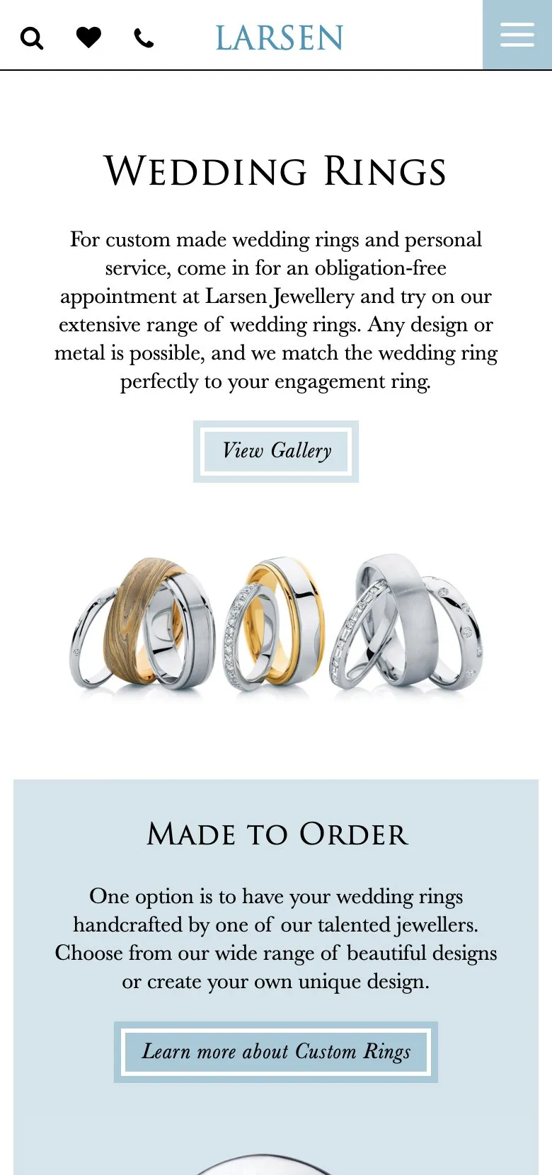 The Larsen Jewellery wedding ring page on an iPhone, showing gold and white metal bands
