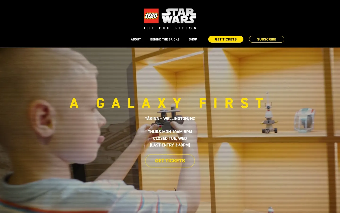 The LEGO Star Wars: The Exhibition homepage, with its full width background video header and current season dates