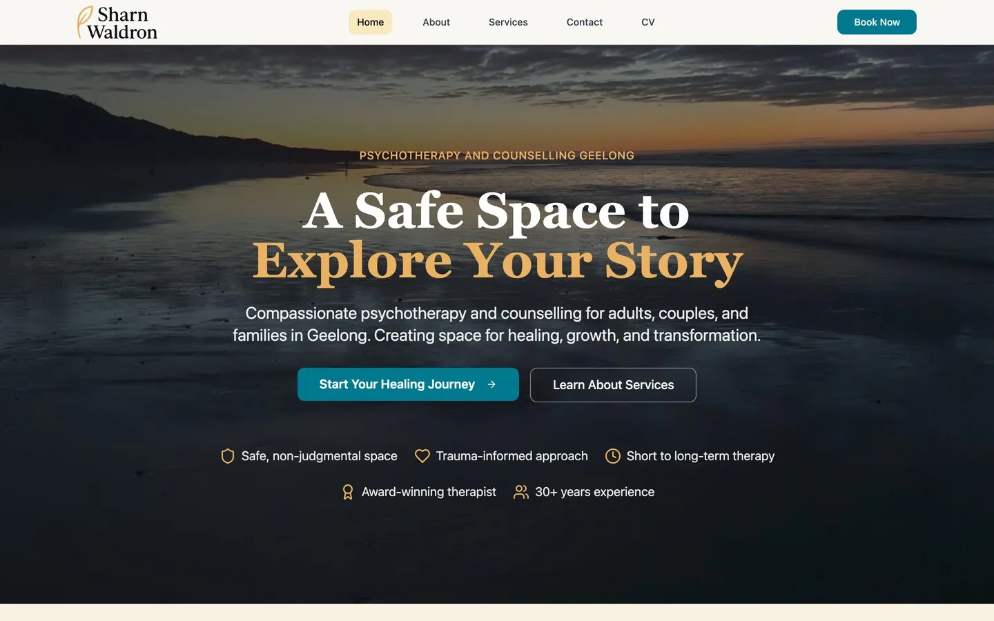 The Sharn Waldron homepage, with a beach at dusk behind the line A Safe Space to Explore Your Story