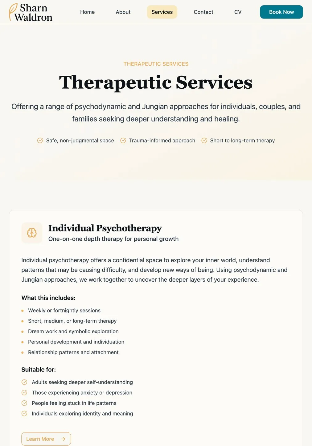 The Sharn Waldron services page on an iPad, listing the six therapies offered