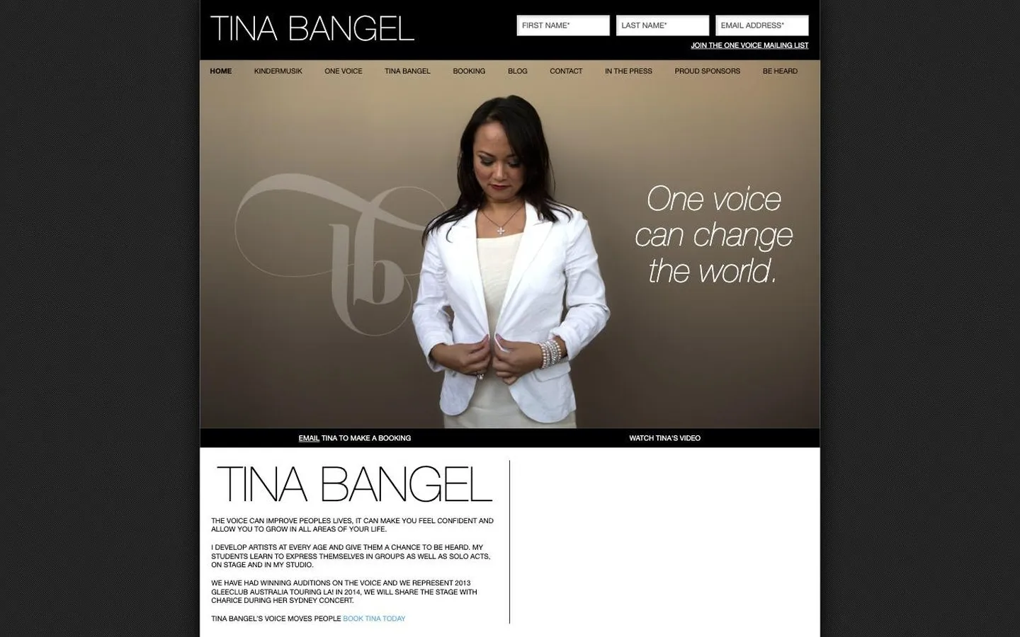 The Tina Bangel homepage, a portrait carrying the line One voice can change the world