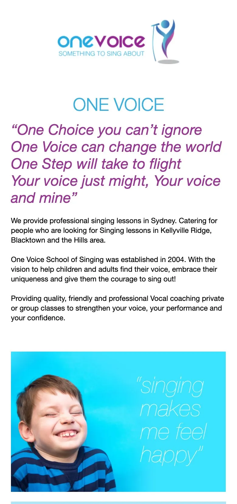 The One Voice section on an iPhone, the part of the site aimed at singers