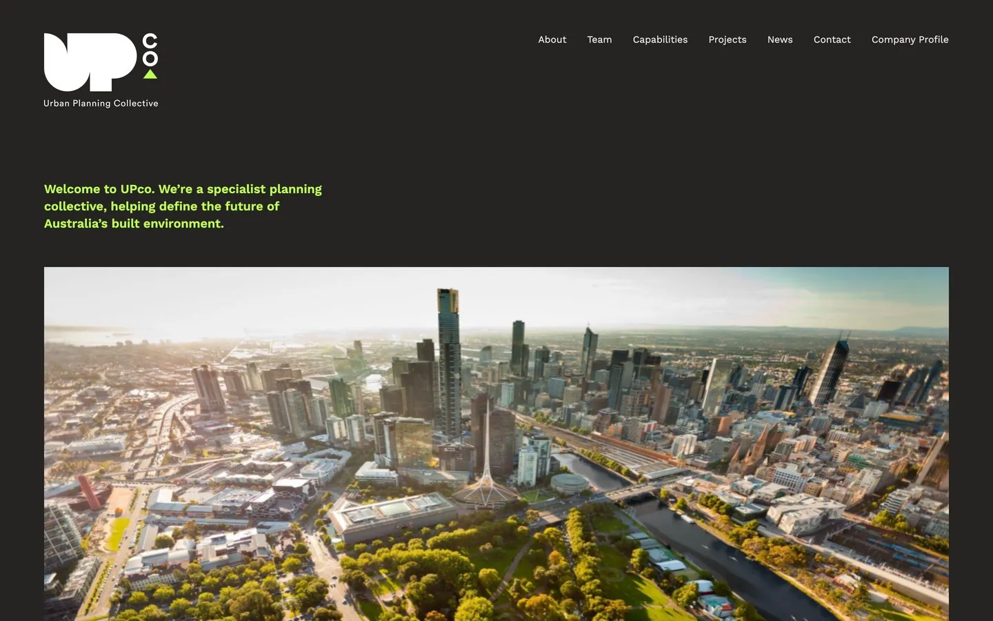 The UPco homepage, with the Urban Planning Collective logo above an aerial view of Melbourne