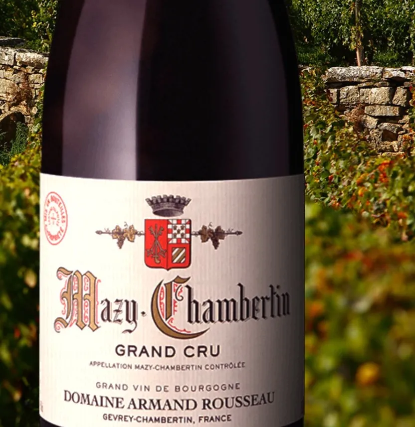 A Burgundy grand cru bottle sold through the Wine Decoded online store, photographed in the vineyard