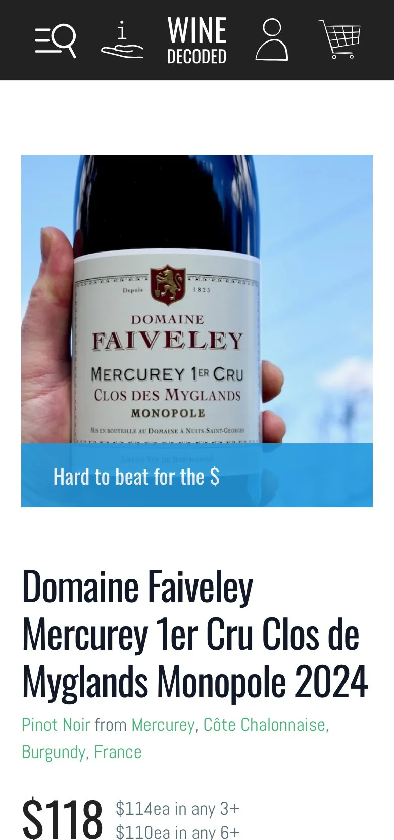A Wine Decoded product page on an iPhone, showing the wine, its region chain and its case pricing